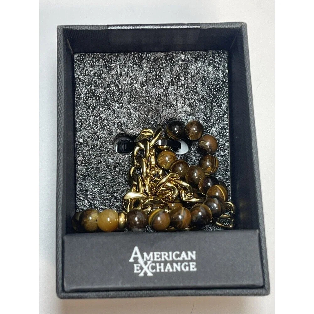 American Exchange Men’s Tigers Eye & Gold Chain Link Bracelet Set New